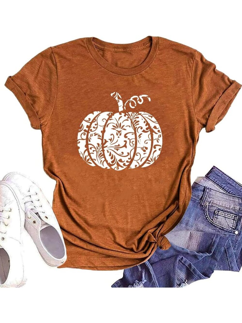 🆕 Women's Orange Damask Floral Pumpkin Halloween Graphic Tee Shirt